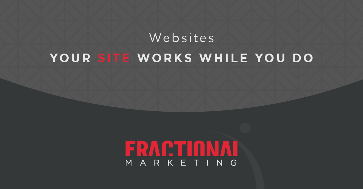 A dark gray abstract background with the MARKETLINK and "Fractional Marketing" logos, with the following text: Websites, Your Site Works While You Do