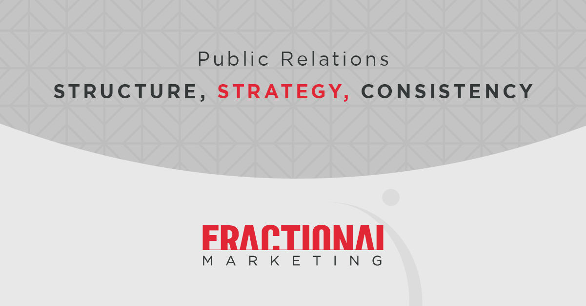 MARKETLINK's "Fractional Marketing" logo below the title "Public Relations: Structure, Strategy, Consistency" over a light, abstract background.