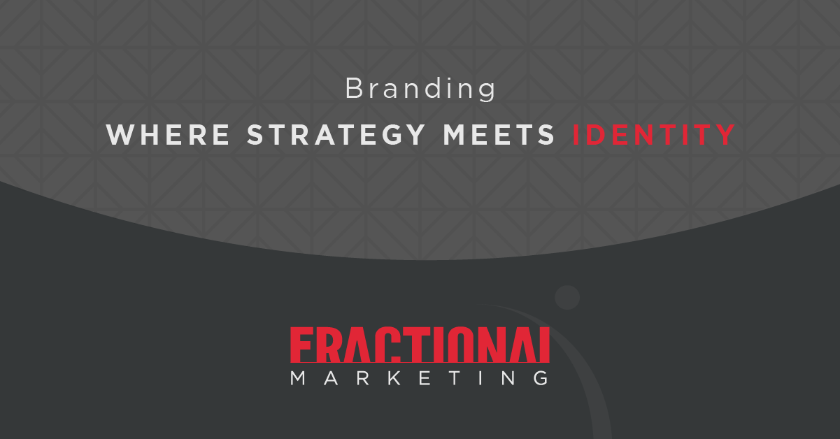 A dark gray abstract background with the Fractional Marketing logo and the title "Branding: Where Strategy Meets Identity"