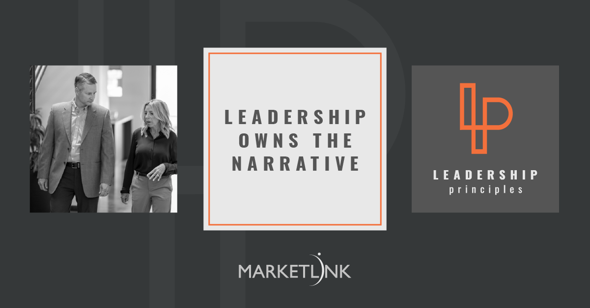 The MARKETLINK and "Leadership Principles" logos with an image of a marketer and client, with the title "Leadership Owns the Narrative" at center
