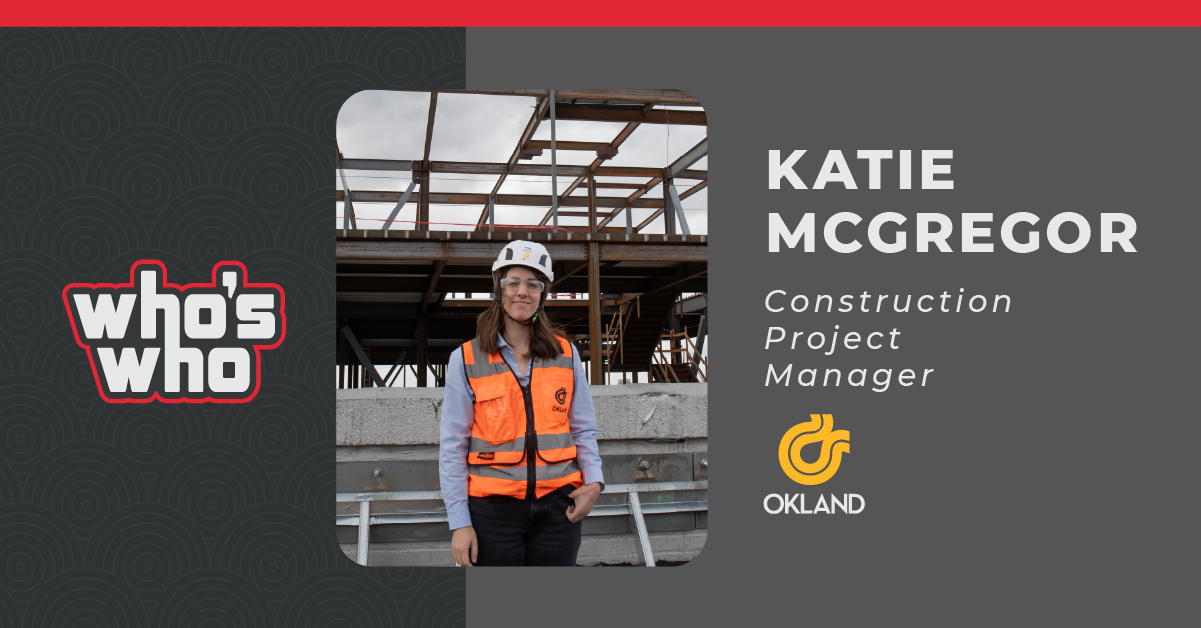 A picture of a woman in construction safety gear with her name, title, and firm: Katie McGregor, Construction Project Manager, Okland Construction; Okland is represented by a logo, with MARKETLINK'S "Who's Who" logo on the left